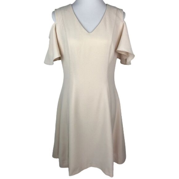 Neiman Marcus Cream Textured Cold Shoulder A-line Dress 4 - Picture 1 of 6